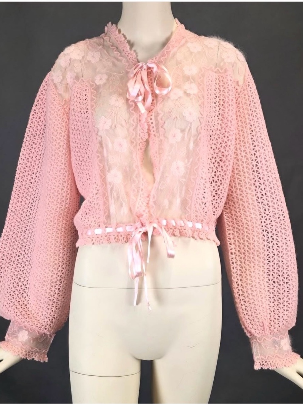 Italian 1930’s pink hand knit sweater with embroidered net front + cuffs